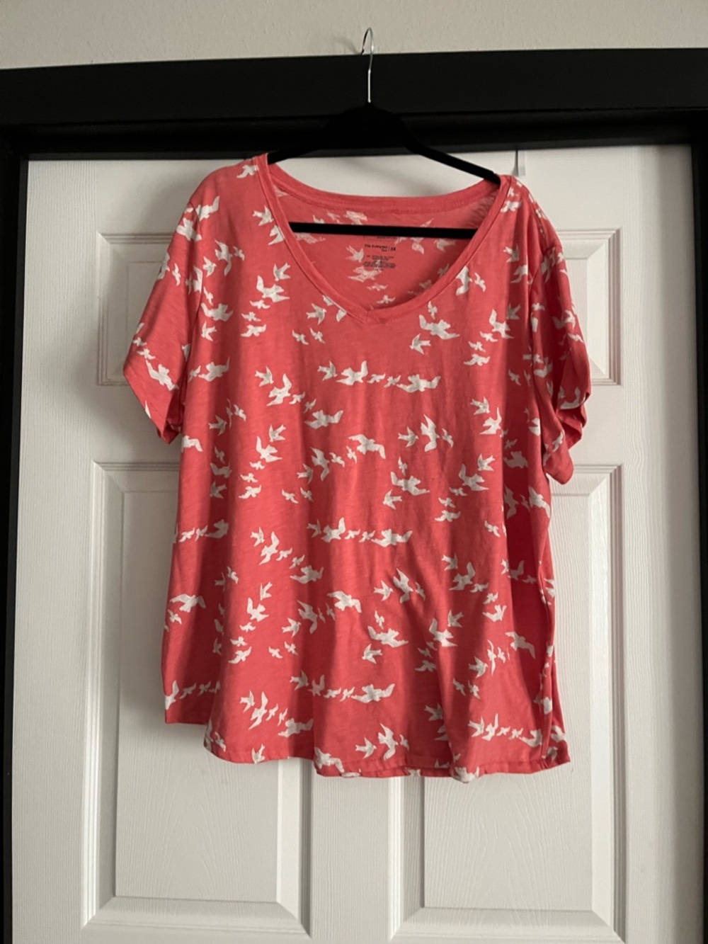 Sonoma Coral V-Neck Tee with White Bird Print